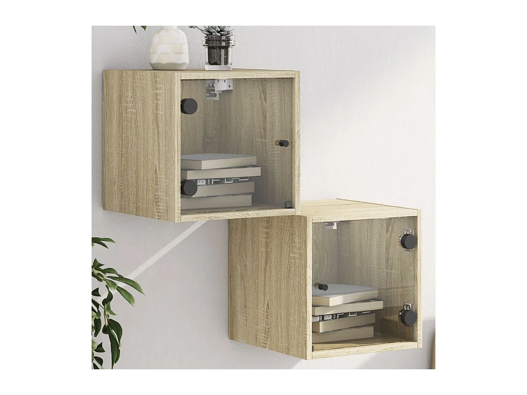 Mesitas de noche | Mesilla de noche con puertas vidrio 2 uds roble Sonoma 35x37x35 cm