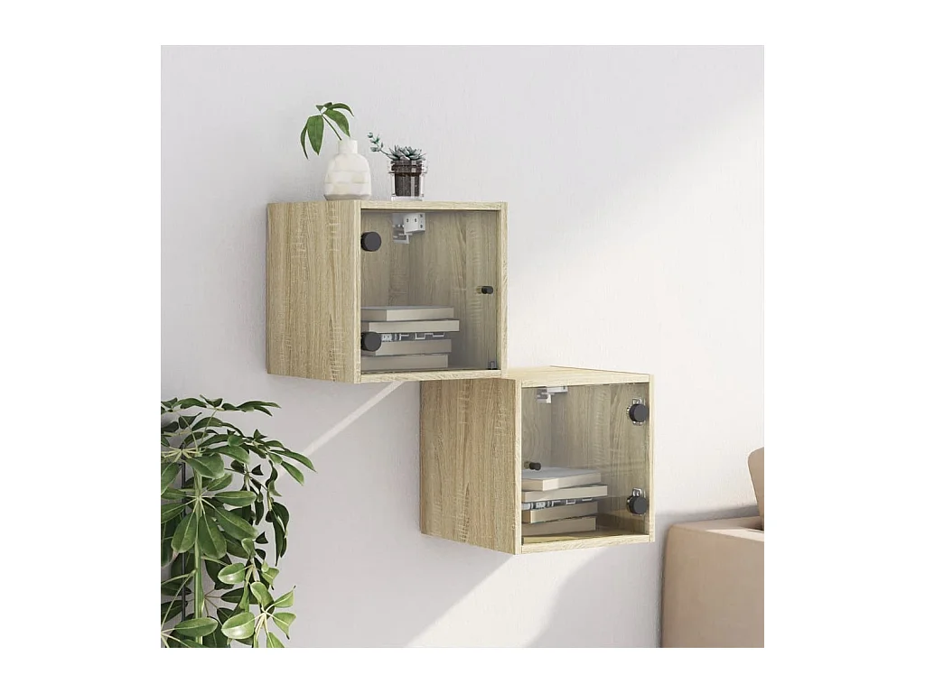 Mesitas de noche | Mesilla de noche con puertas vidrio 2 uds roble Sonoma 35x37x35 cm