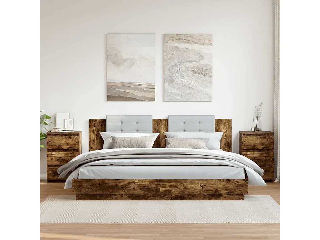 Nachttisch 2er Set-Beistelltisch-Nachttischkommode Räuchereiche 40x35x62,5 cm Holzwerkstoff SHL45748