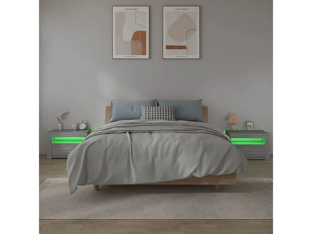 Nachttisch 2er Set-Beistelltisch-Nachttischkommode mit LEDs Grau Sonoma 60x35x40 cm SHL77540