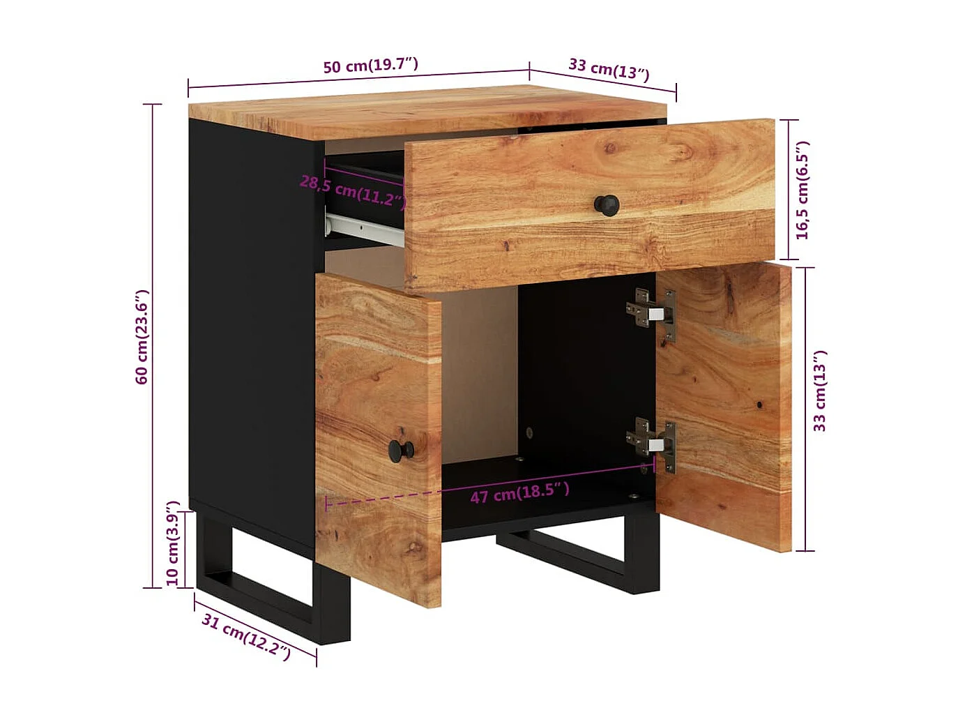 Nachttisch-Beistelltisch 50x33x60 cm Massivholz Akazie & Holzwerkstoff SHL95184