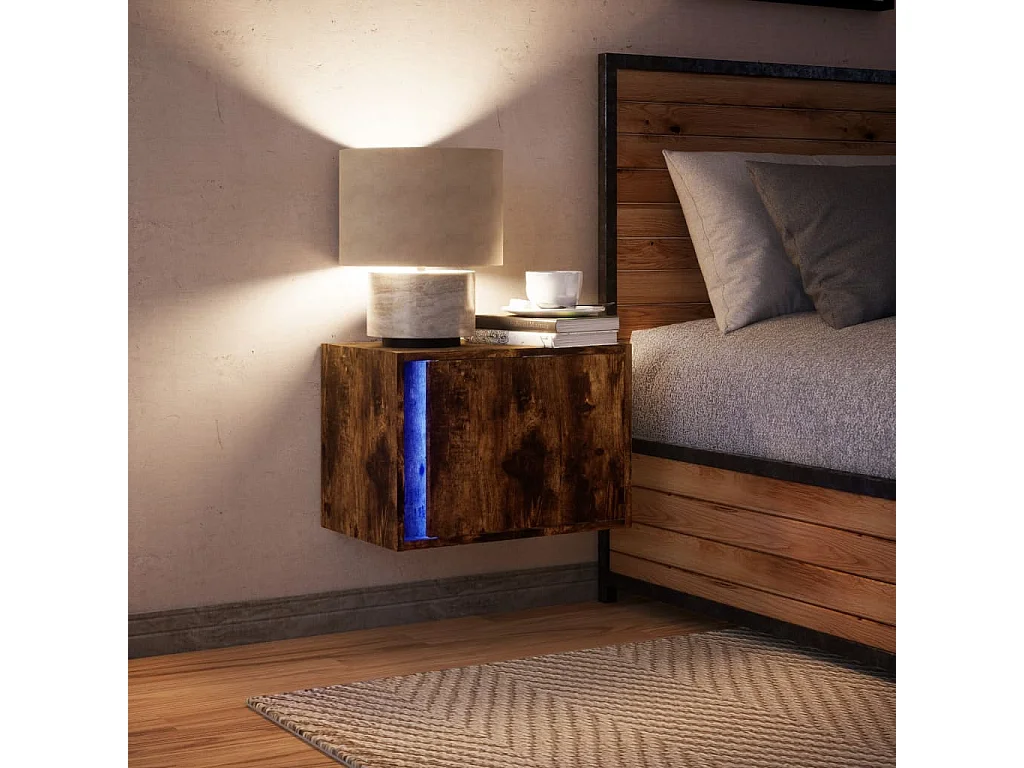 Nachttisch hängend | Wand-Nachttisch mit LED-Leuchten Räuchereiche SHL40570