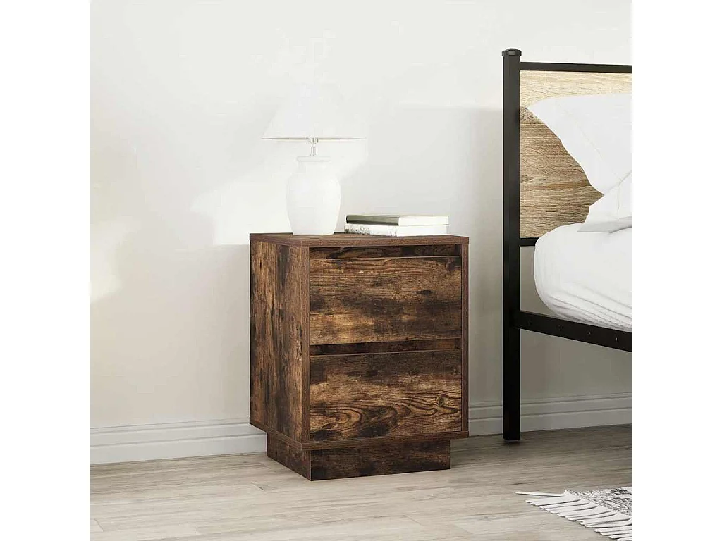 Mesa de cabeceira com luzes LED 38x34x50 cm carvalho fumado