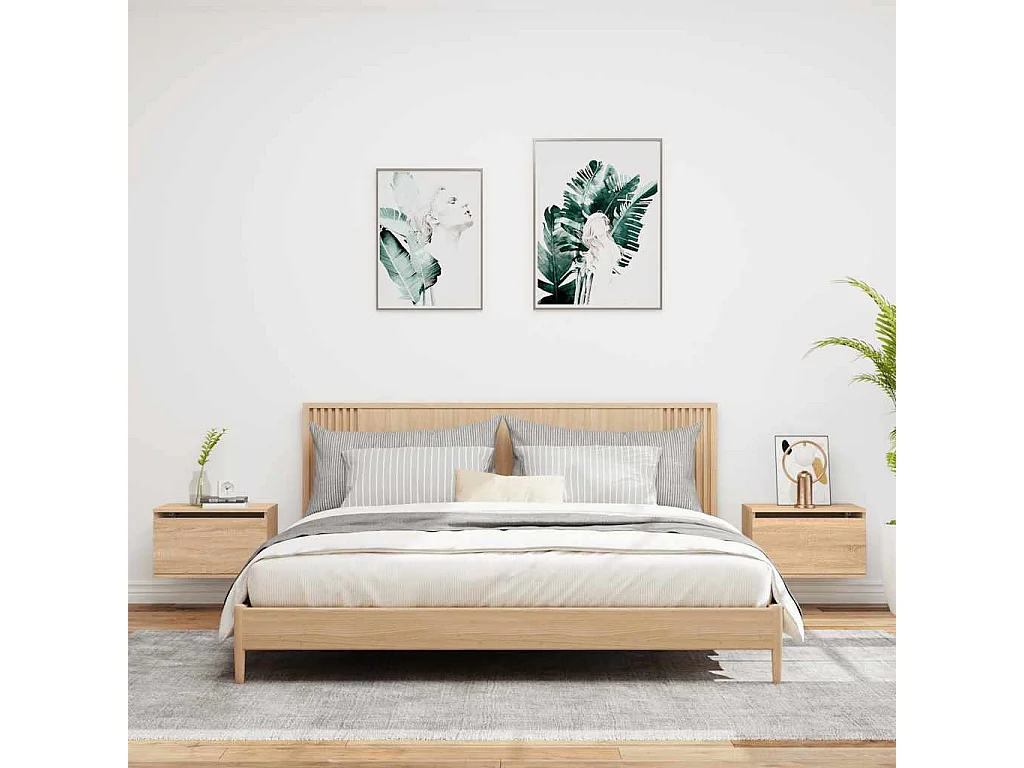 Nachttisch hängend 2er Set mit LED-Leuchten | Wand-Nachttische Sonoma-Eiche SHL63917