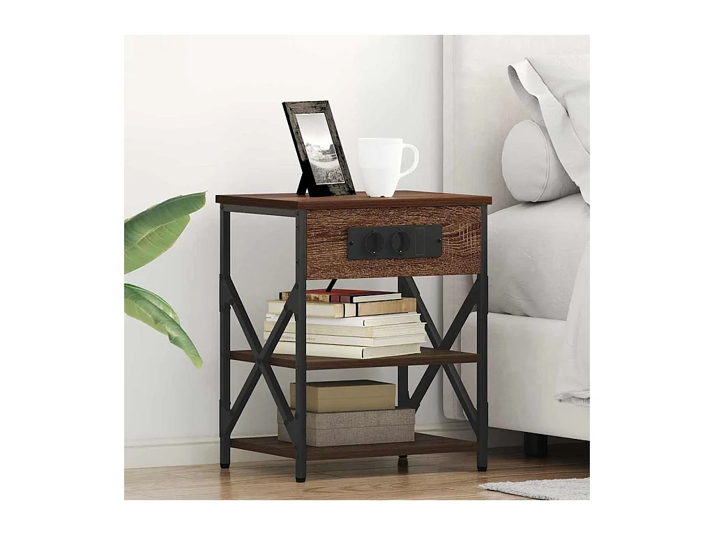 Mesita de Noche | Mesa auxiliar con Estación de Carga Marrón roble