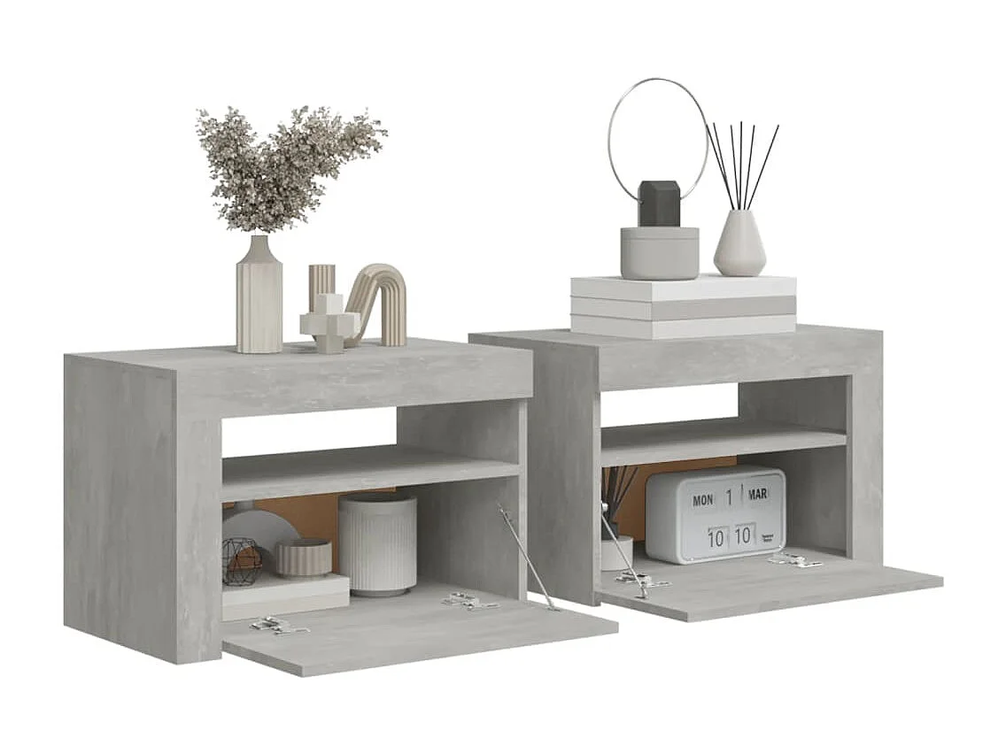 Nachttisch 2er Set-Beistelltisch-Nachttischkommode mit LEDs Betongrau 60x35x40 cm SHL18976