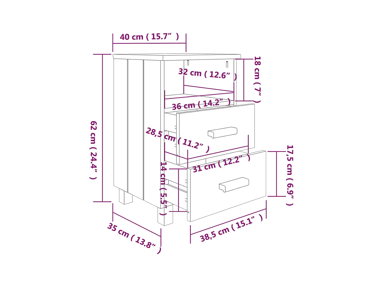 Mesitas de noche | Mesilla de noche 2 uds HAMAR pino macizo blanco 40x35x62 cm