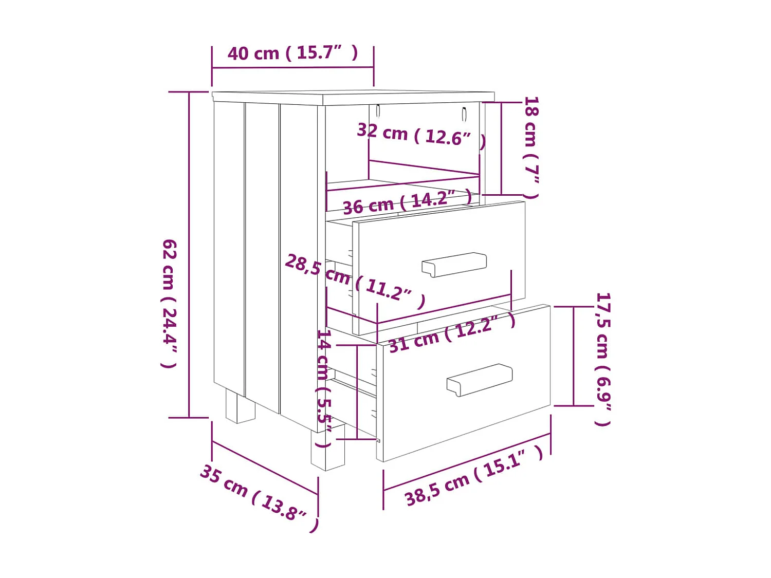 Nachttische-Beistelltisch-Nachttischkommode HAMAR 2 Stk. Weiß 40x35x62 cm Massivholz SHL31556