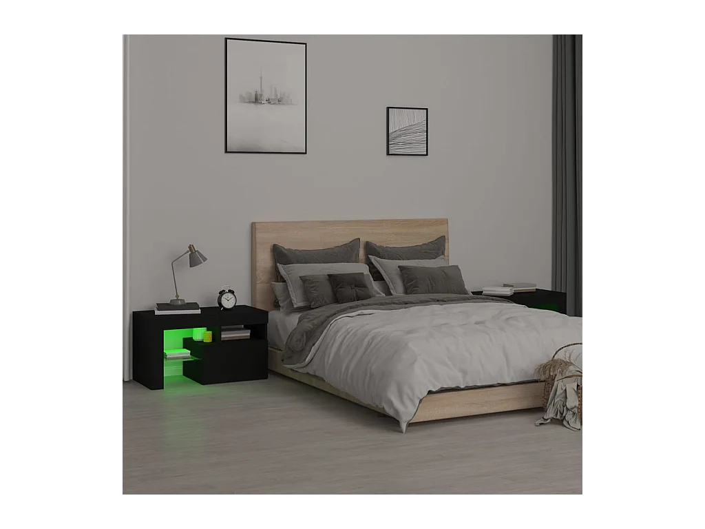 Mesitas de noche | Mesilla de noche con luces LED 2 uds roble negras 70x36,5x40cm