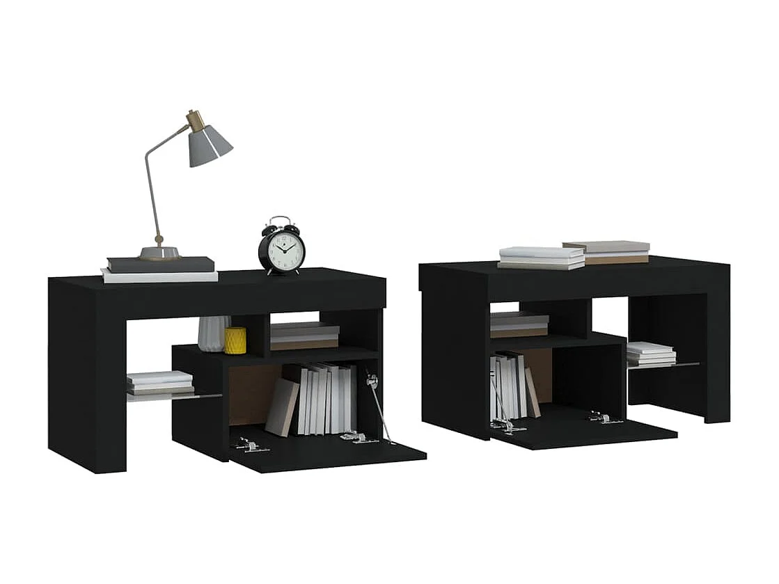 Mesitas de noche | Mesilla de noche con luces LED 2 uds roble negras 70x36,5x40cm