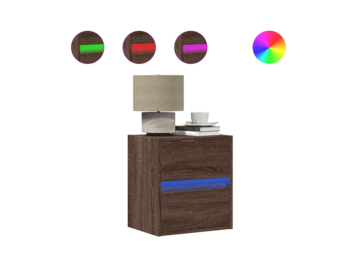 Mesita de noche | Mesilla de noche de pared con luces LED roble marrón