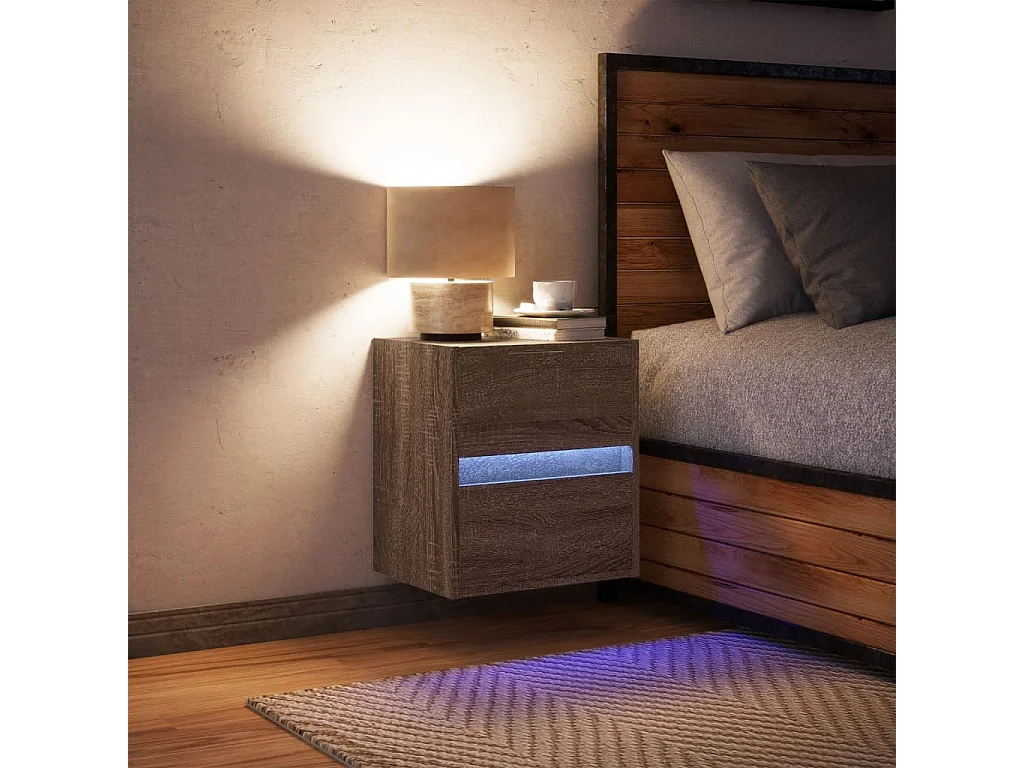 Mesita de noche | Mesilla de noche de pared con luces LED roble marrón