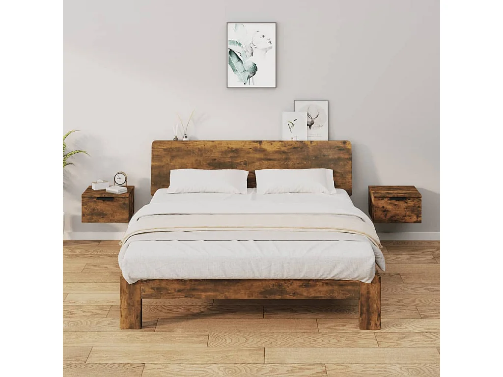 Nachttisch hängend 2er Set | Wand-Nachttische Räuchereiche 34x30x20 cm SHL76906