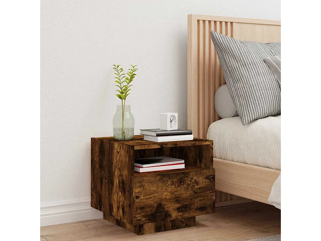 Mesita de noche | Mesilla de noche con luces LED roble ahumado 40x39x37 cm