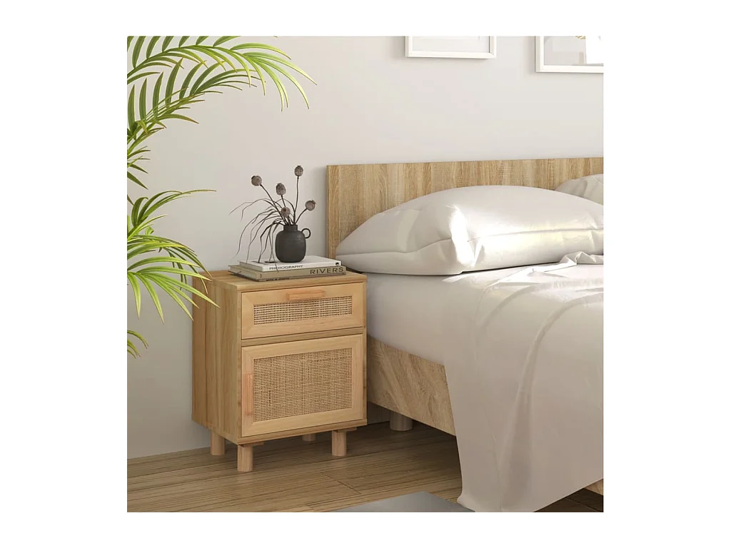 Mesita de noche | Mesilla de noche madera maciza pino marrón y ratán natural