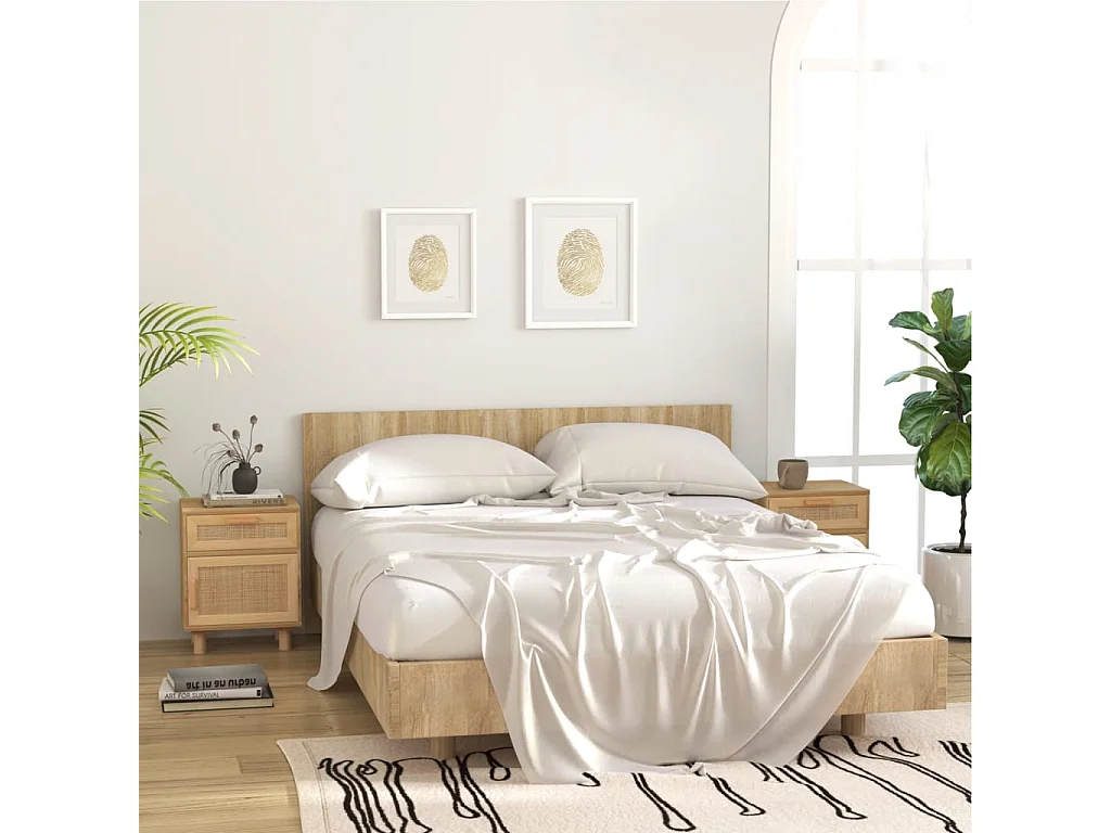 Nachttisch-Beistelltisch Braun Massivholz Kiefer und Natur-Rattan SHL61694