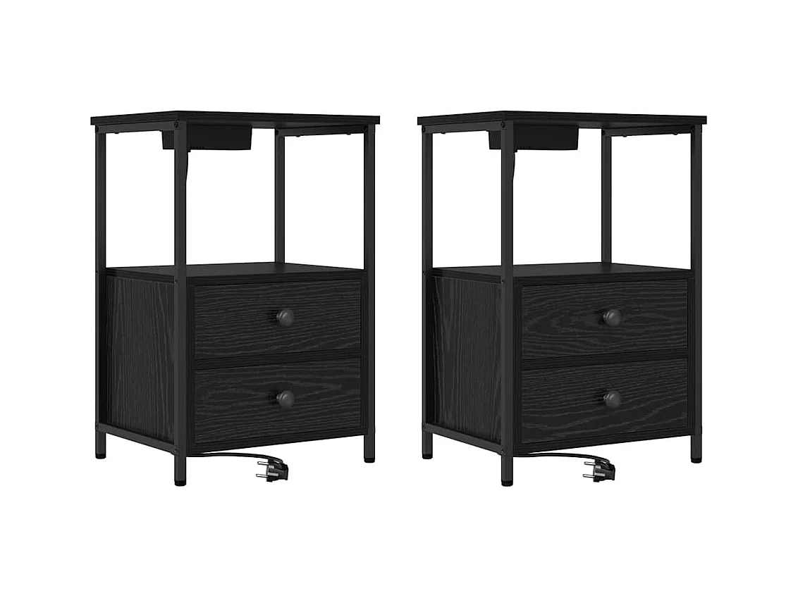 Mesita de Noche | Mesa auxiliar con Estación de Carga 2 uds. Roble negro