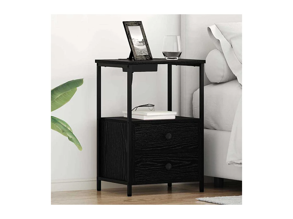 Mesita de Noche | Mesa auxiliar con Estación de Carga 2 uds. Roble negro