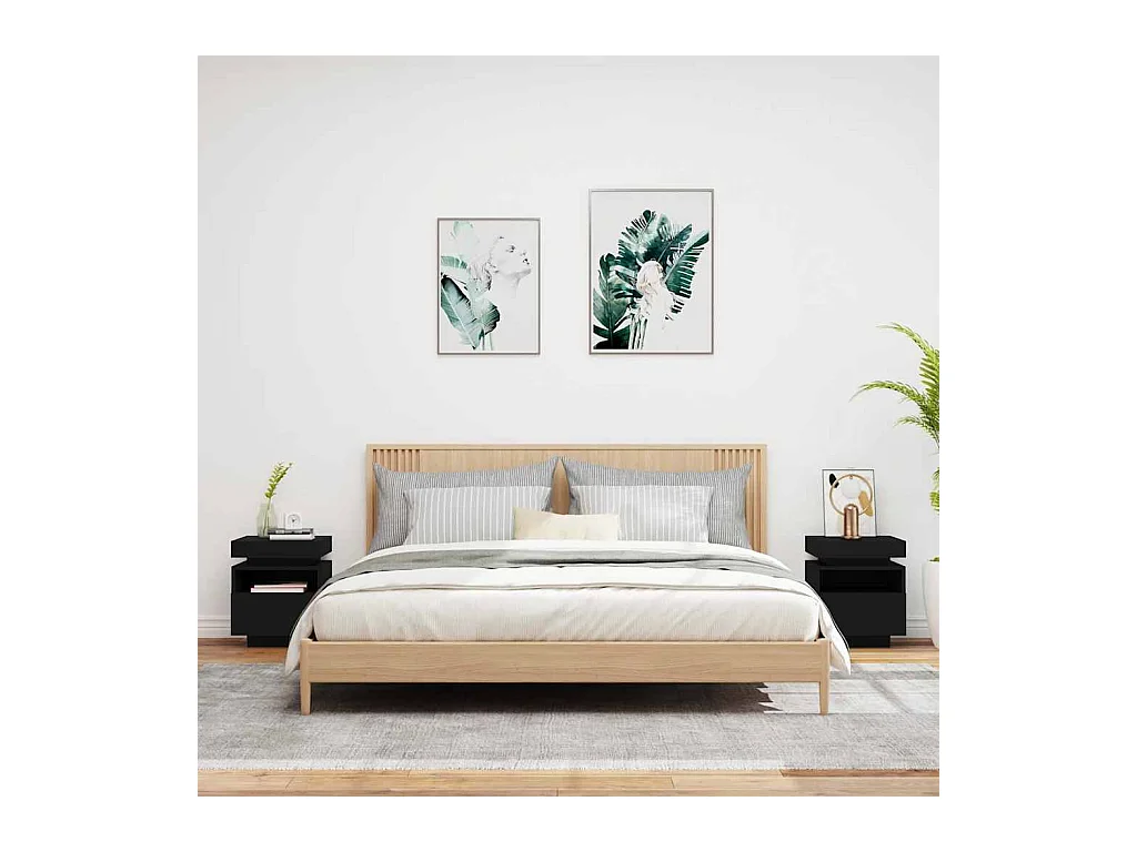 Pack 2 uds Mesitas de noche | Mesilla de noche con luces LED negro 40x39x48,5 cm