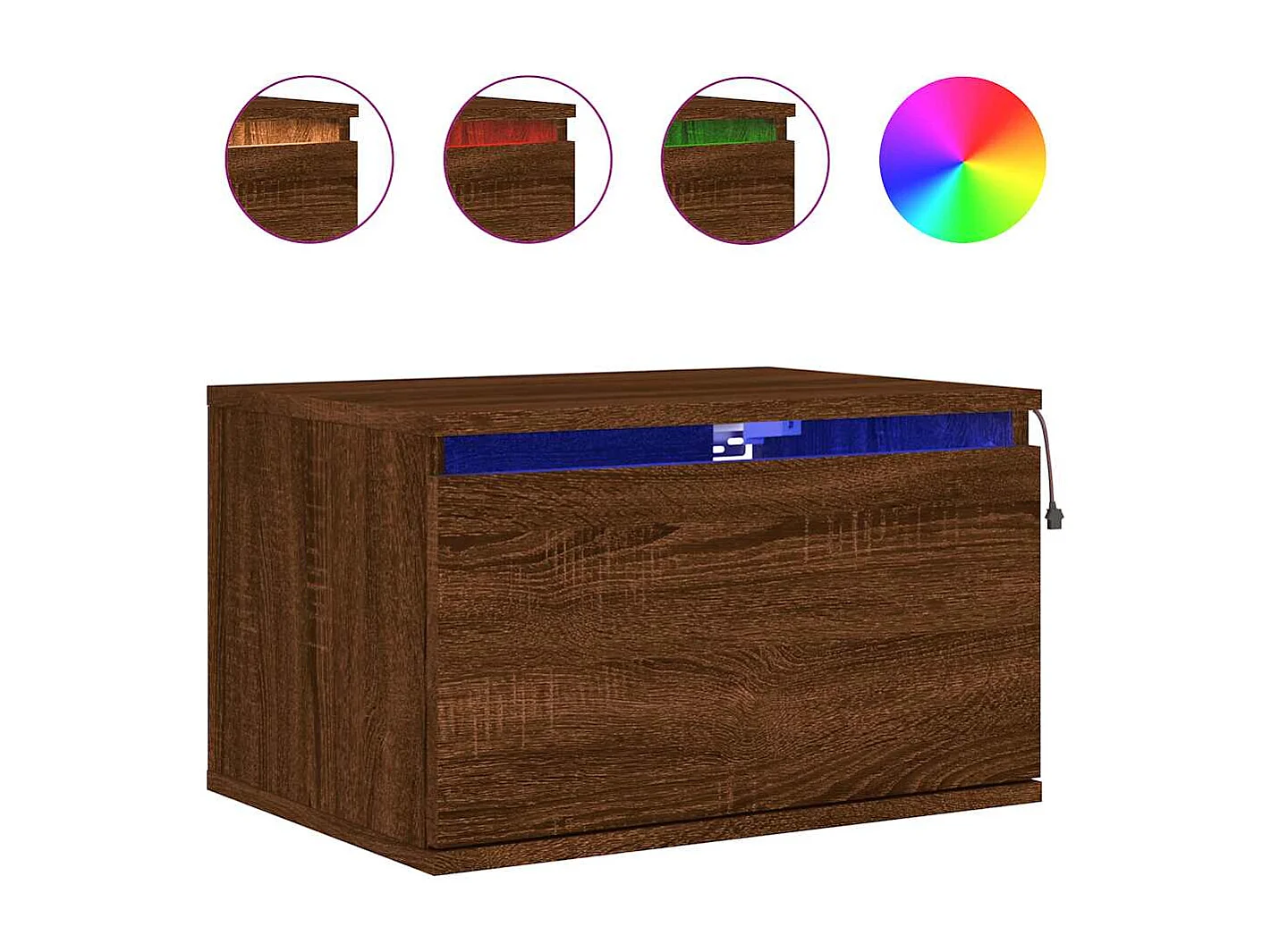 Mesita de noche | Mesilla de noche de pared con luces LED roble marrón