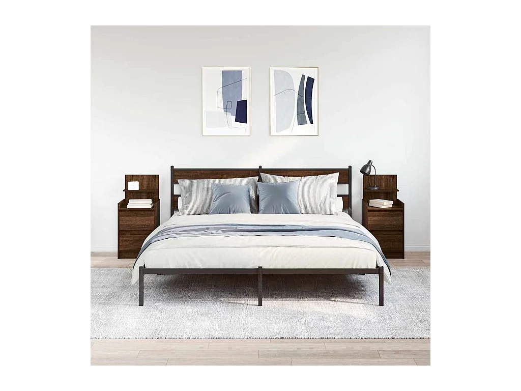 Pack 2 uds Mesilla de noche | Mesitas de noche con 2 cajones roble marrón 38x34x80 cm