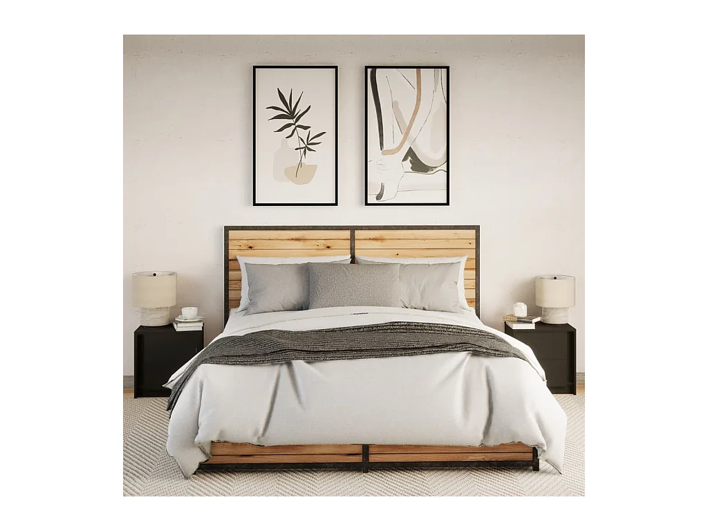 Mesitas de noche | Mesilla de noche con luces LED 2 uds madera ingeniería negra