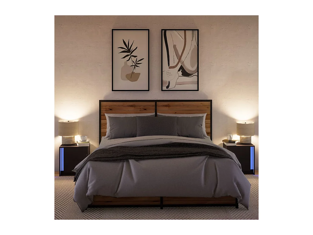 Mesitas de noche | Mesilla de noche con luces LED 2 uds madera ingeniería negra