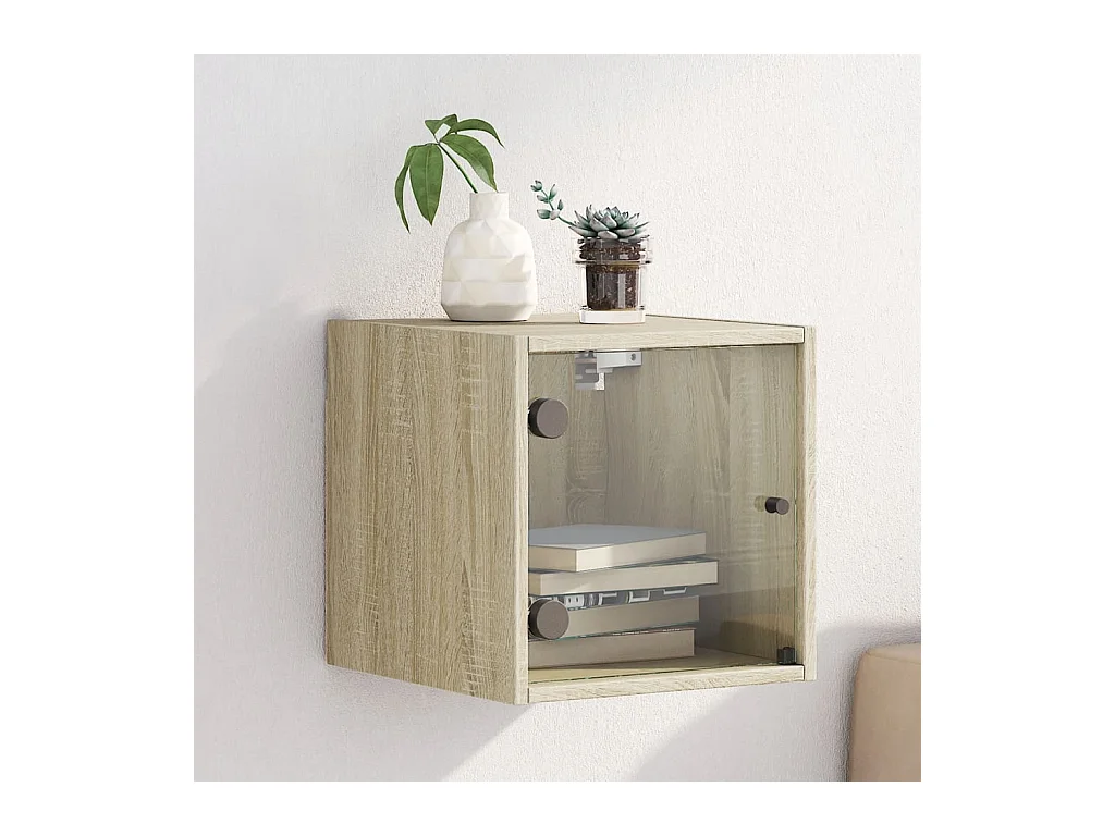 Mesita de noche | Mesilla de noche con puerta de vidrio roble Sonoma 35x37x35 cm