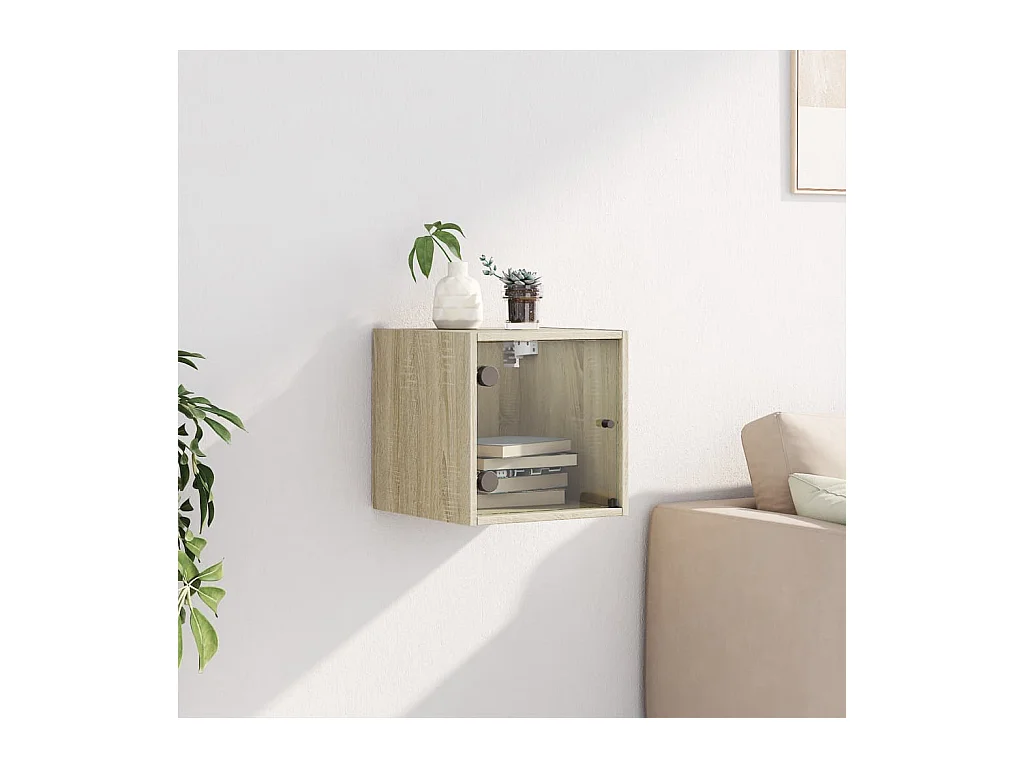 Mesita de noche | Mesilla de noche con puerta de vidrio roble Sonoma 35x37x35 cm