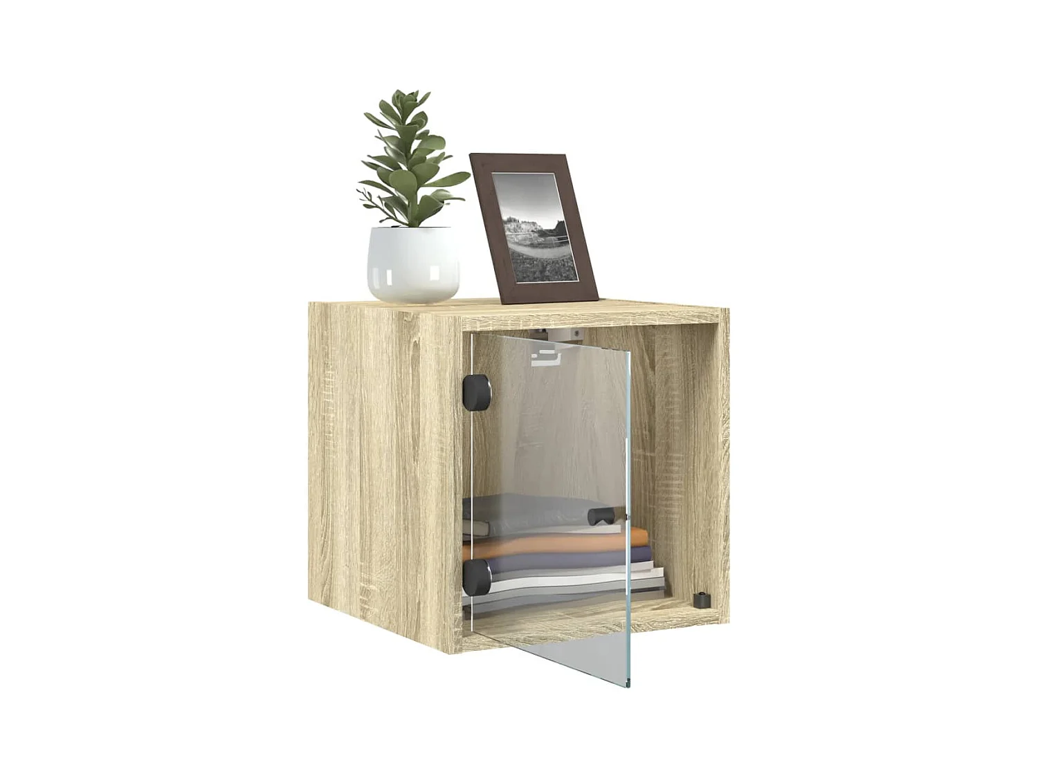 Mesita de noche | Mesilla de noche con puerta de vidrio roble Sonoma 35x37x35 cm