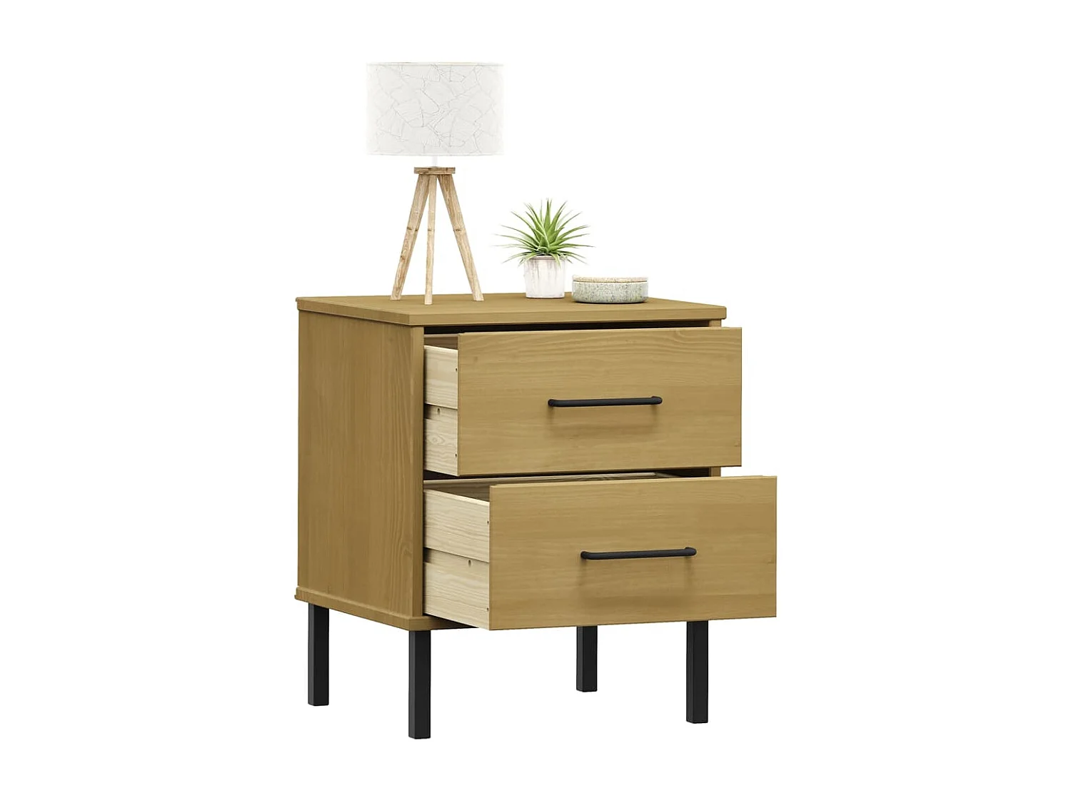 Comodino Camera da Letto | Tavolino da notte con Gambe in Metallo Marrone Legno Massello Pino OSLO SHL4555