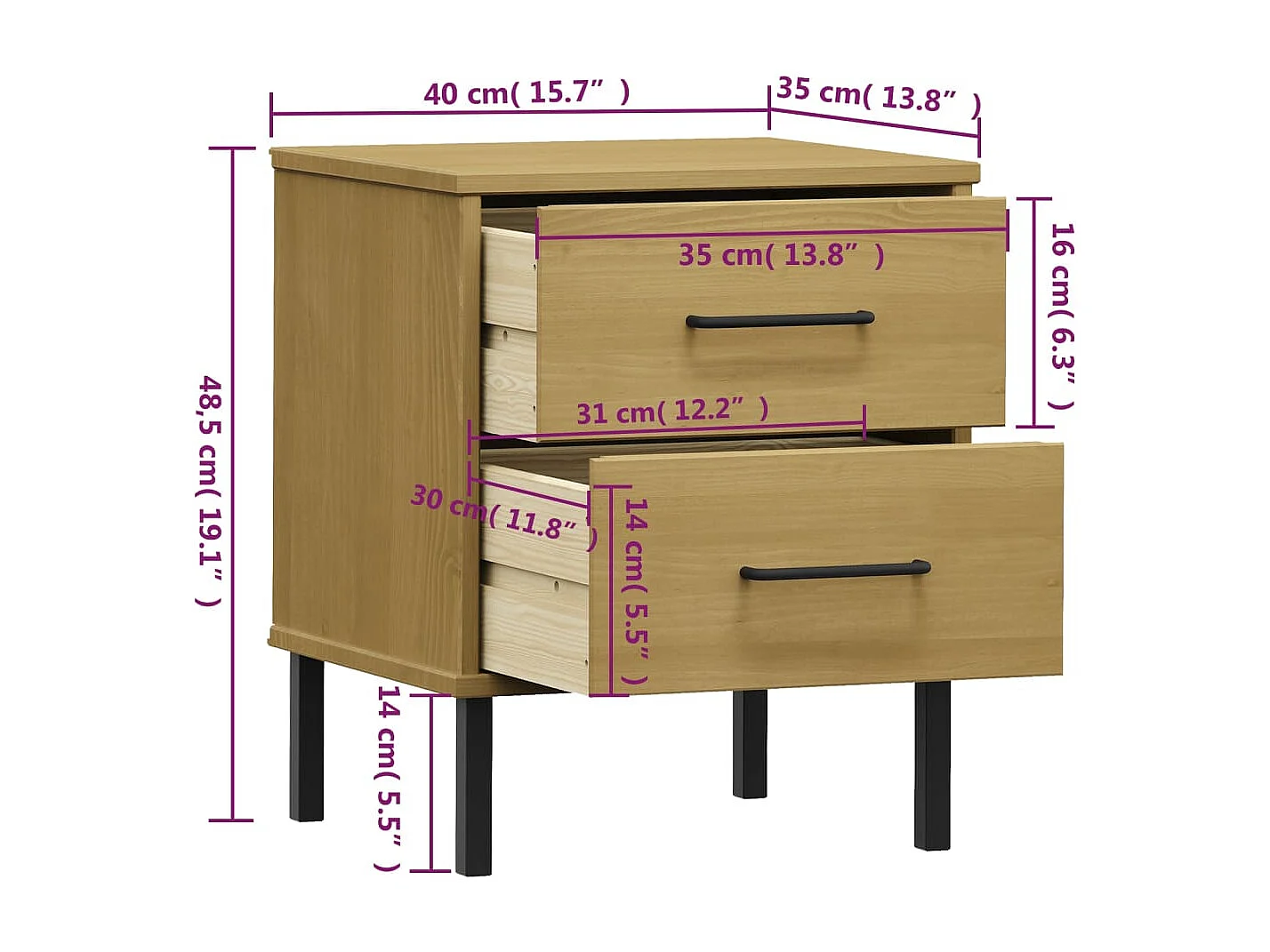 Comodino Camera da Letto | Tavolino da notte con Gambe in Metallo Marrone Legno Massello Pino OSLO SHL4555