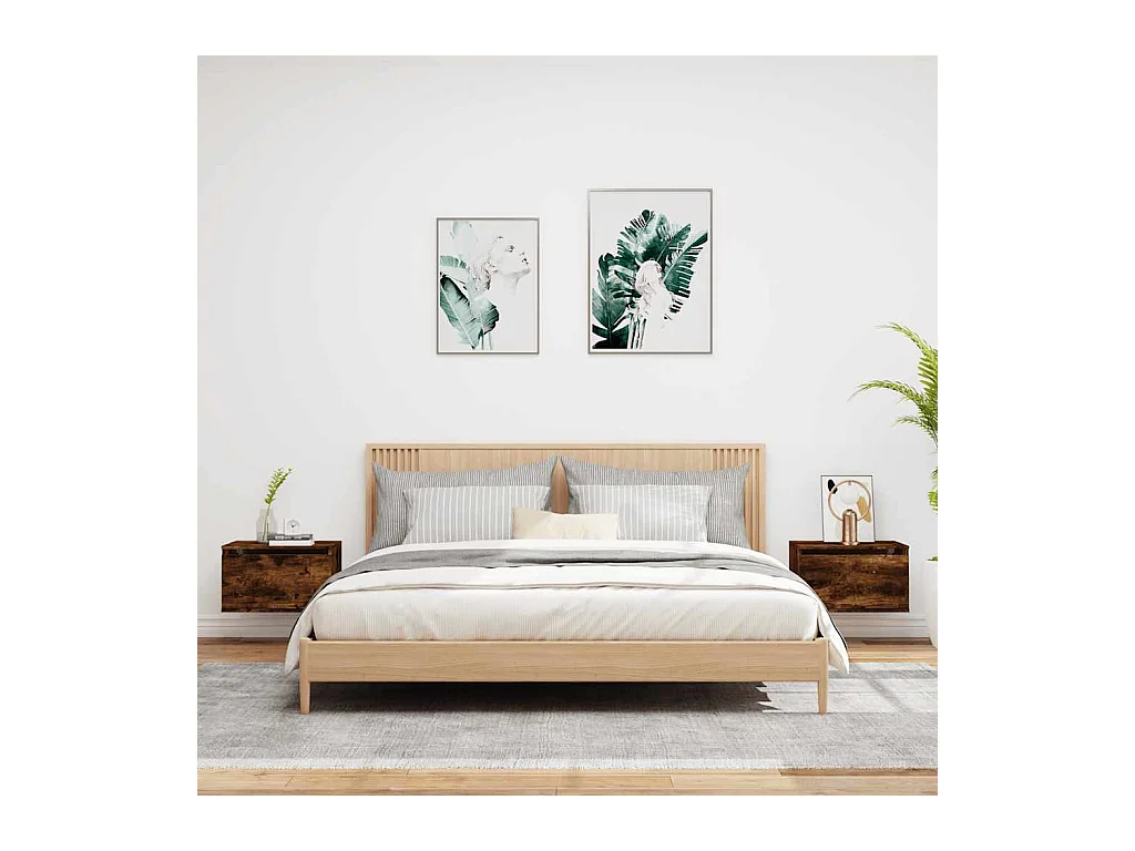 Mesitas de noche | Mesilla de noche de pared con luces LED 2 uds roble ahumado