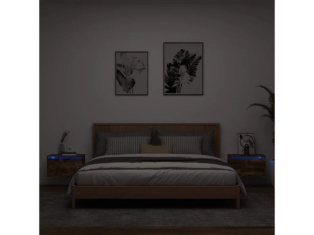 Mesitas de noche | Mesilla de noche de pared con luces LED 2 uds roble ahumado