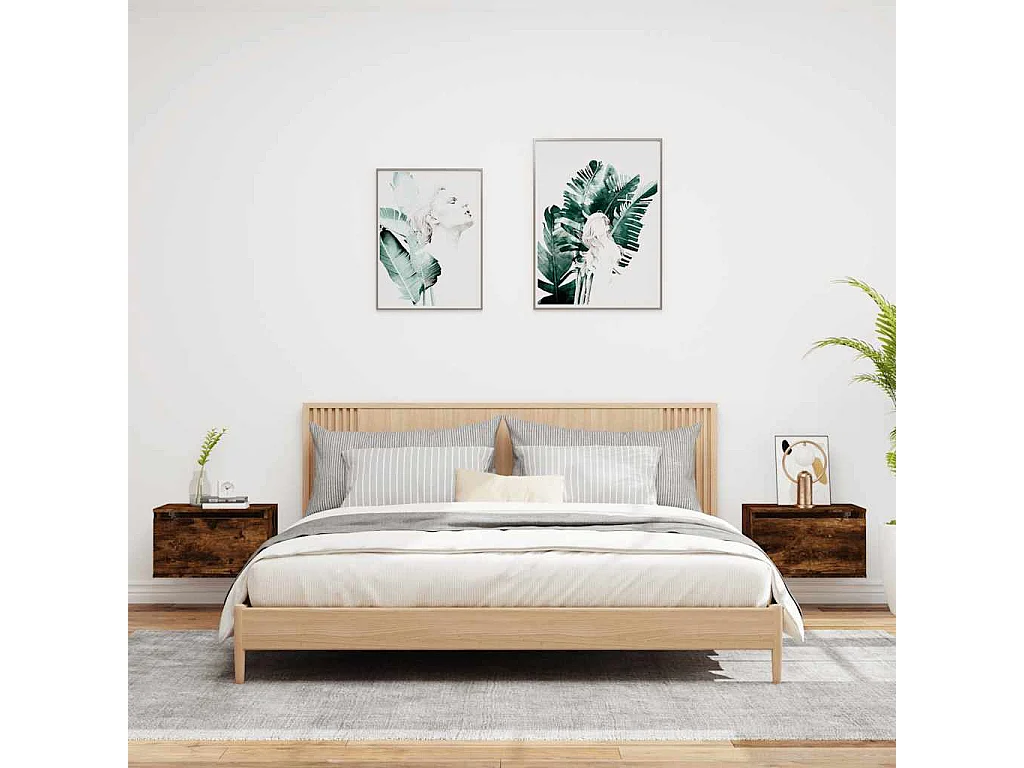 Mesitas de noche | Mesilla de noche de pared con luces LED 2 uds roble ahumado