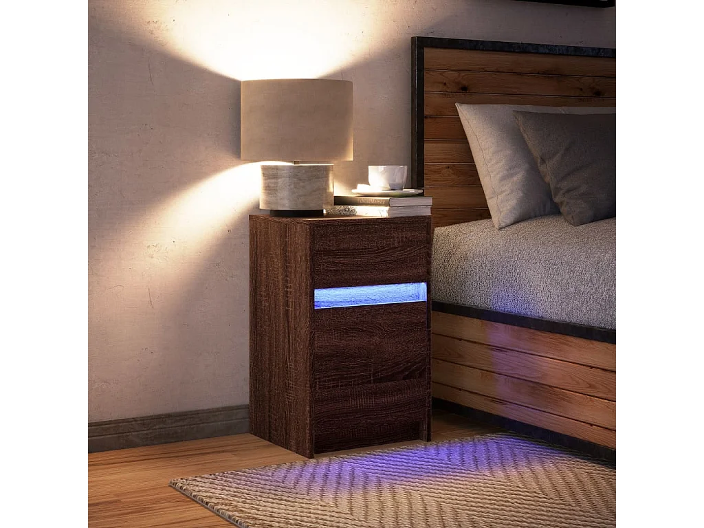 Nachttisch-Beistelltisch mit LED-Leuchten Braun Eichen-Optik Holzwerkstoff SHL80458
