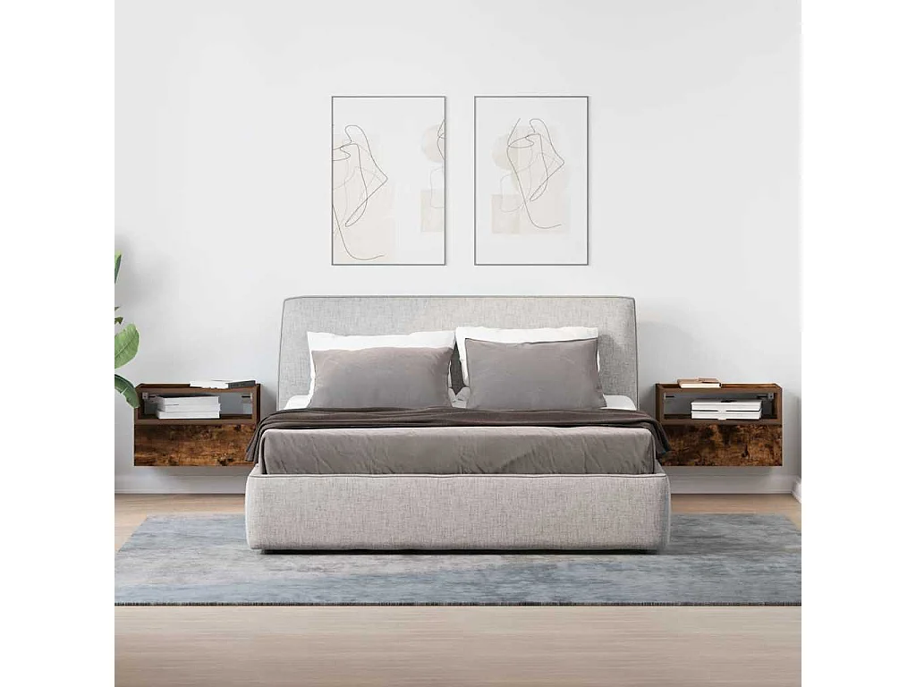 Nachttisch hängend 2er Set | Wand-Nachttische Räuchereiche 45x26x28,5 cm SHL25736