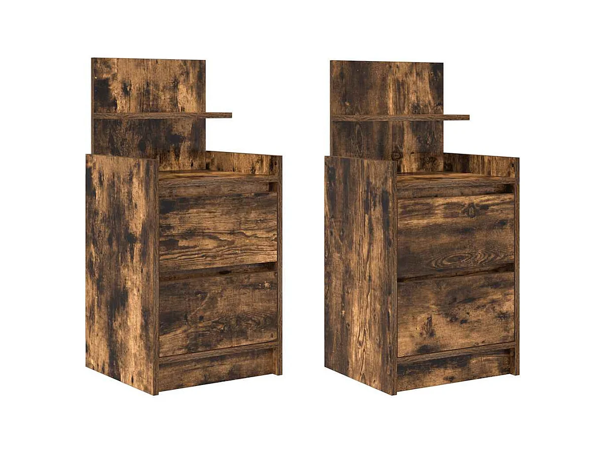 Pack 2 uds Mesilla de noche | Mesitas de noche con 2 cajones roble ahumado 38x34x80 cm