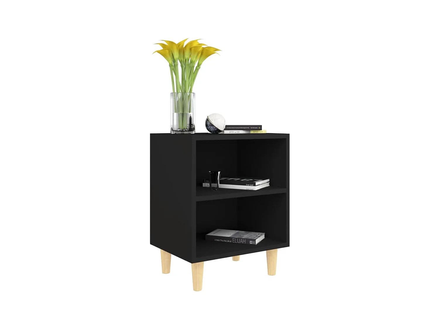 Mesita de noche | Mesilla de noche con patas de madera maciza negra 40x30x50 cm