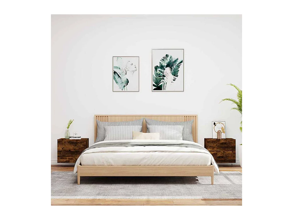 Mesitas de noche | Mesilla de noche de pared con luces LED 2 uds roble ahumado