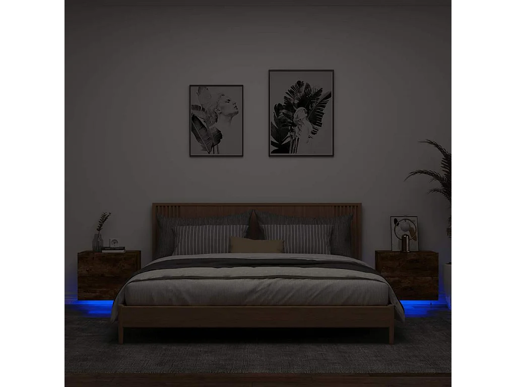 Nachttisch hängend 2er Set | Wand-Nachttische mit LED-Leuchten Räuchereiche SHL96179