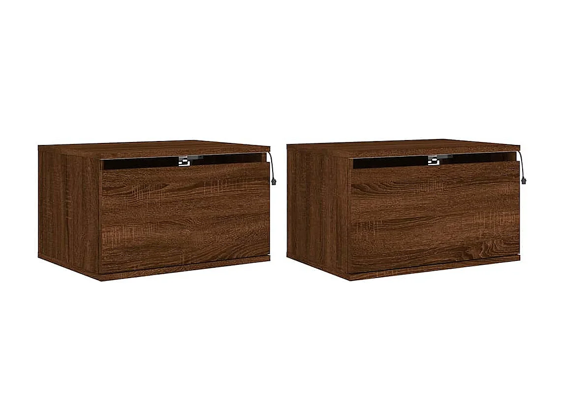 Mesitas de noche | Mesilla de noche de pared con luces LED 2 unidades roble marrón