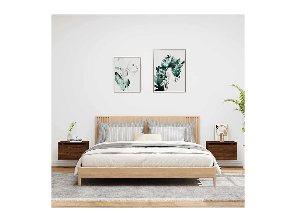 Mesitas de noche | Mesilla de noche de pared con luces LED 2 unidades roble marrón