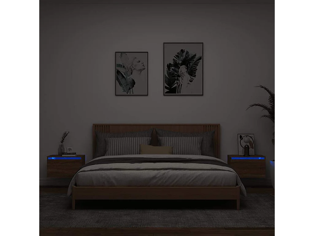 Mesitas de noche | Mesilla de noche de pared con luces LED 2 unidades roble marrón