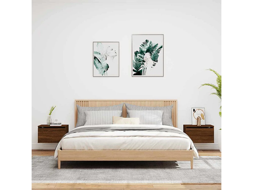 Mesitas de noche | Mesilla de noche de pared con luces LED 2 unidades roble marrón