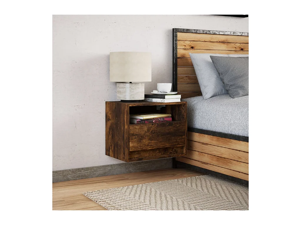 Mesita de noche | Mesilla de noche de pared con luces LED roble ahumado