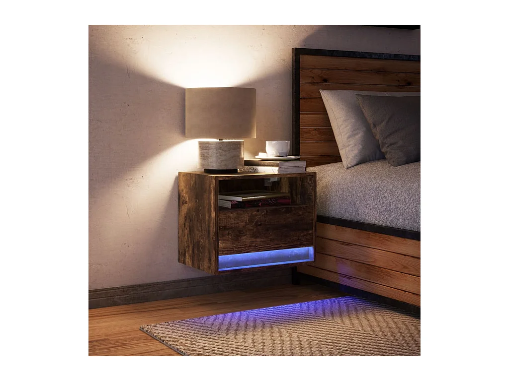 Mesita de noche | Mesilla de noche de pared con luces LED roble ahumado