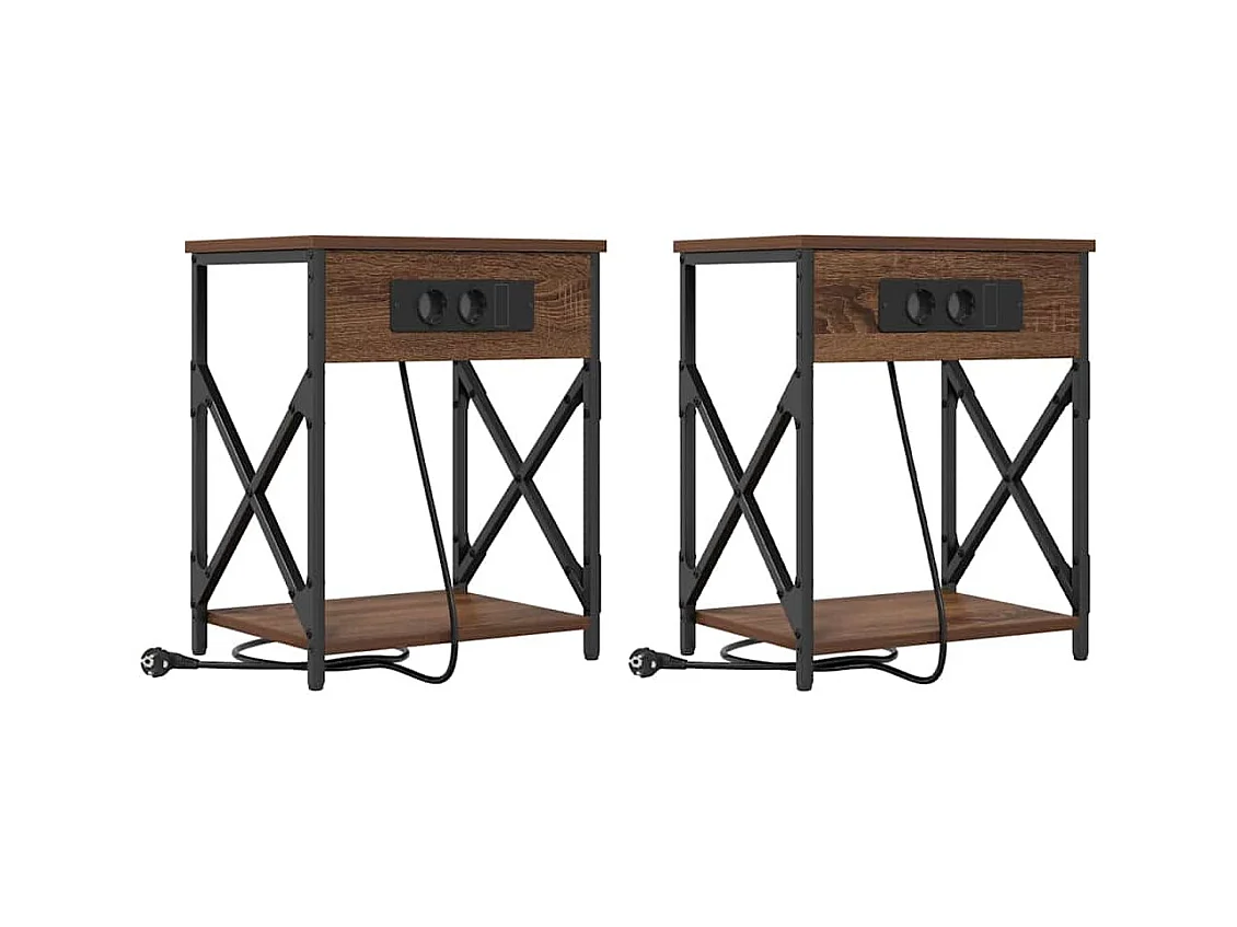 Mesita de Noche | Mesa auxiliar con Estación de Carga 2 uds. Marrón roble
