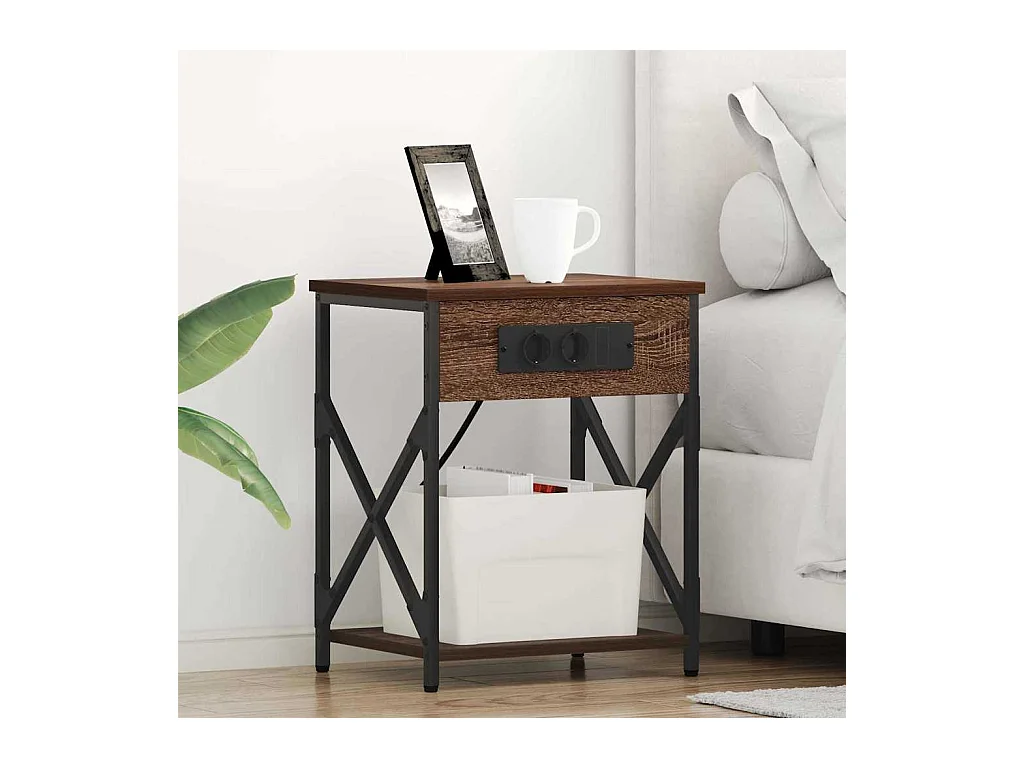 Mesita de Noche | Mesa auxiliar con Estación de Carga 2 uds. Marrón roble