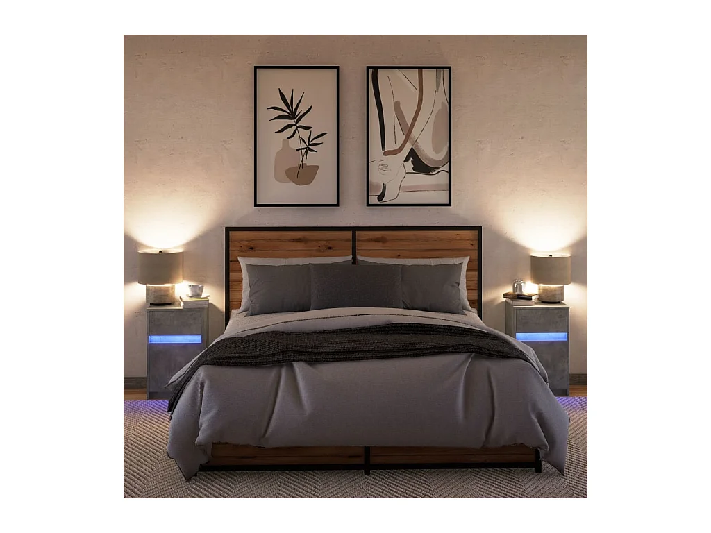 Mesita de noche | Mesilla de noche luces LED 2 uds madera ingeniería gris hormigón